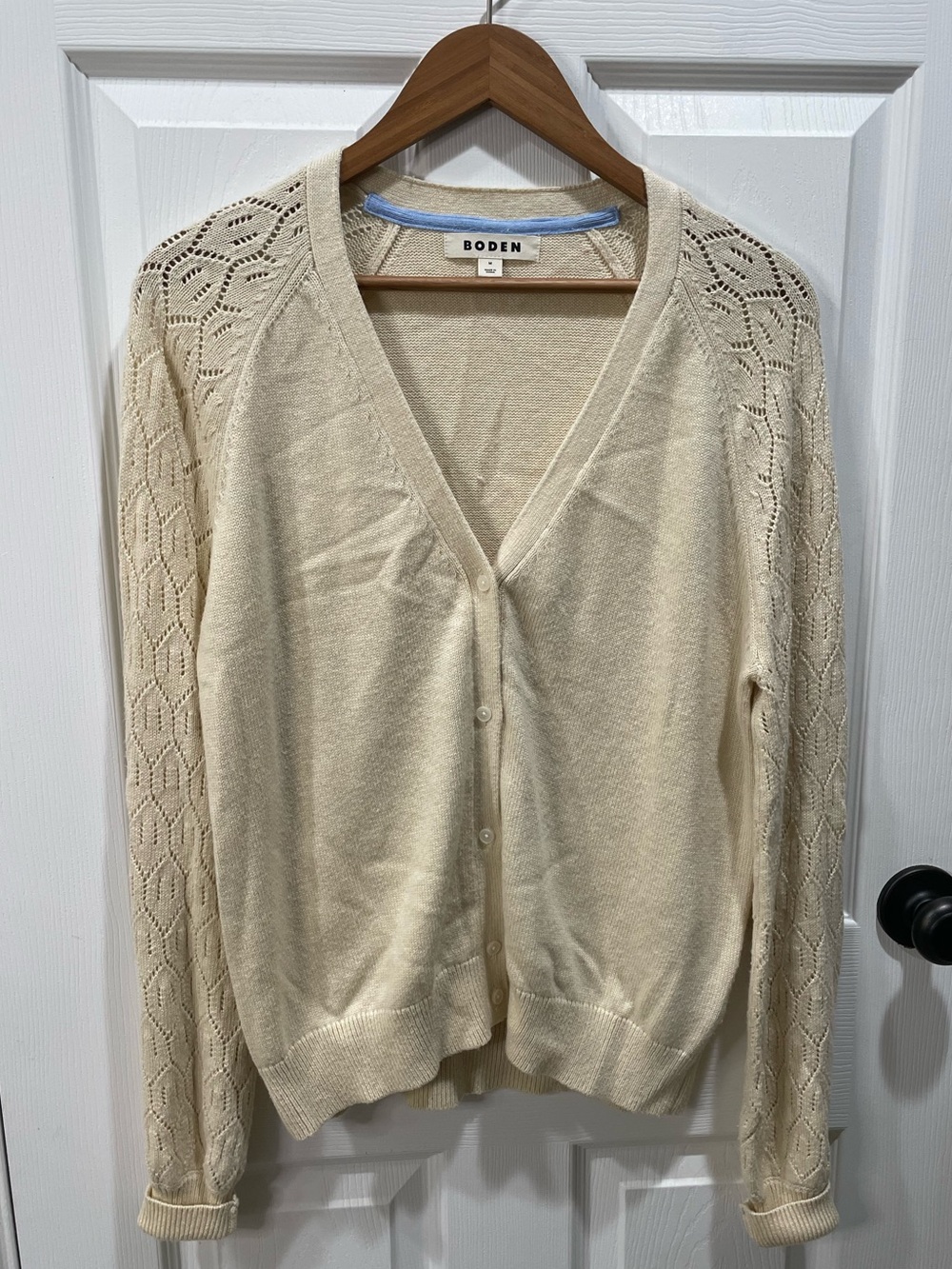 Boden Ivory Button Front Knit Cardigan Pointelle Long Sleeve M